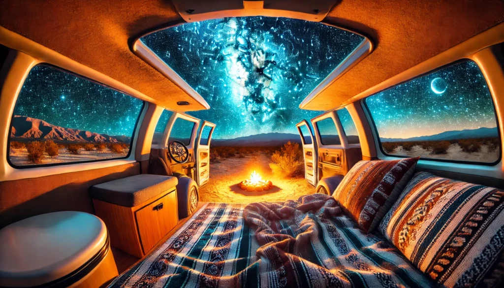 camper van psychedelic view of the stars camping in the desert with a fire 