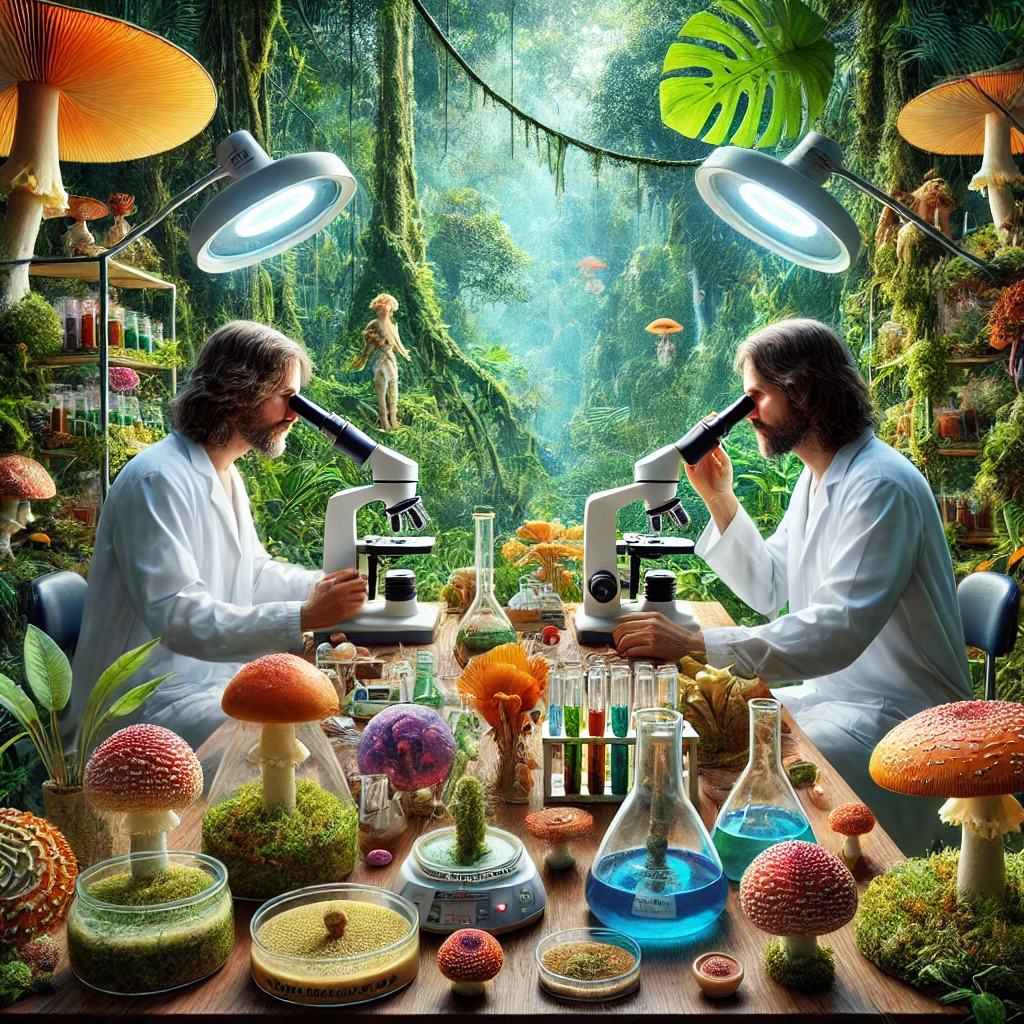 hyper-realistic image featuring lab mycologists resembling Terrence McKenna and Richard Gutierrez, researching mushrooms in a lush, psychedelic jungle lab set in an Amazonian environment